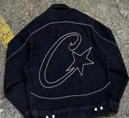 Y2K Men's Devil Island Star Embroidered High Street Jacket Vintage Denim Shorts Set, Couple Style Trendy Brand Set