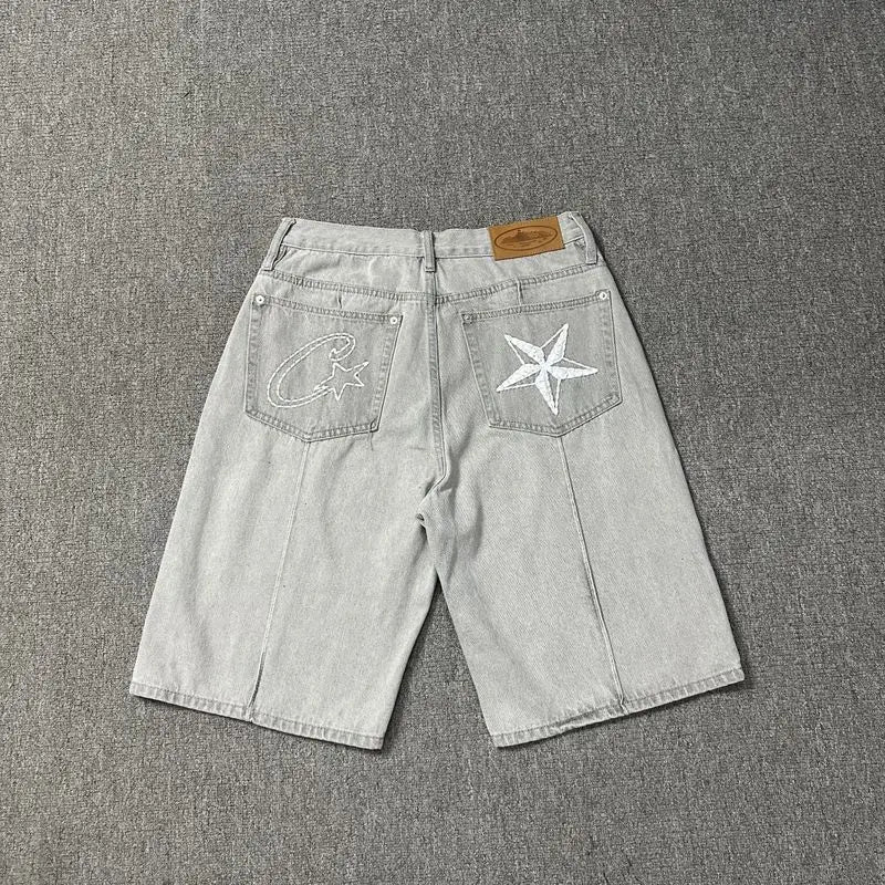Y2K Men's Devil Island Star Embroidered High Street Jacket Vintage Denim Shorts Set, Couple Style Trendy Brand Set