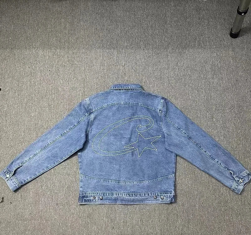 Y2K Men's Devil Island Star Embroidered High Street Jacket Vintage Denim Shorts Set, Couple Style Trendy Brand Set