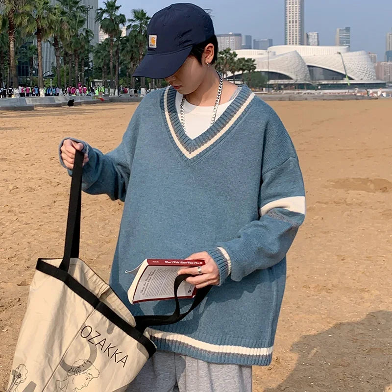 Autumn Winter New Men's Korean Loose Knitted V-neck Casual Sweater Outdoor Fashion Trend Comfortable Breathable Hoodie