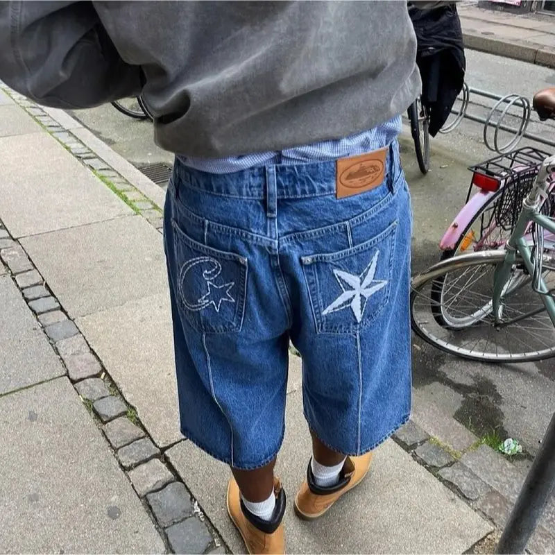 Y2K Men's Devil Island Star Embroidered High Street Jacket Vintage Denim Shorts Set, Couple Style Trendy Brand Set