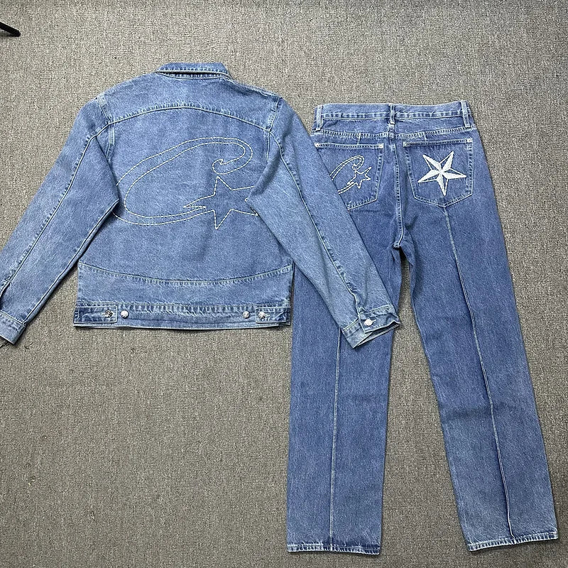 Y2K Men's Devil Island Star Embroidered High Street Jacket Vintage Denim Shorts Set, Couple Style Trendy Brand Set