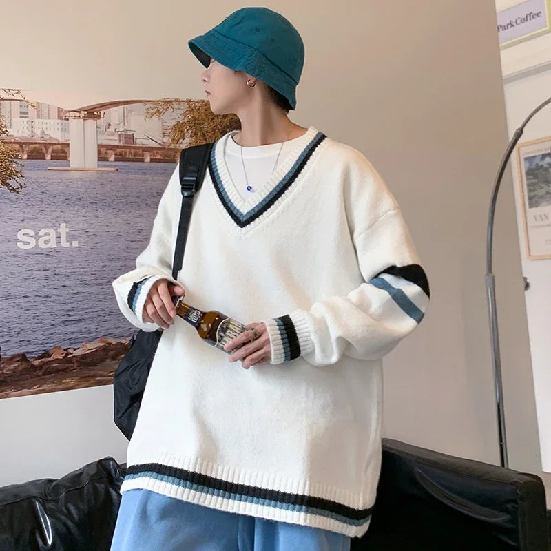 Autumn Winter New Men's Korean Loose Knitted V-neck Casual Sweater Outdoor Fashion Trend Comfortable Breathable Hoodie