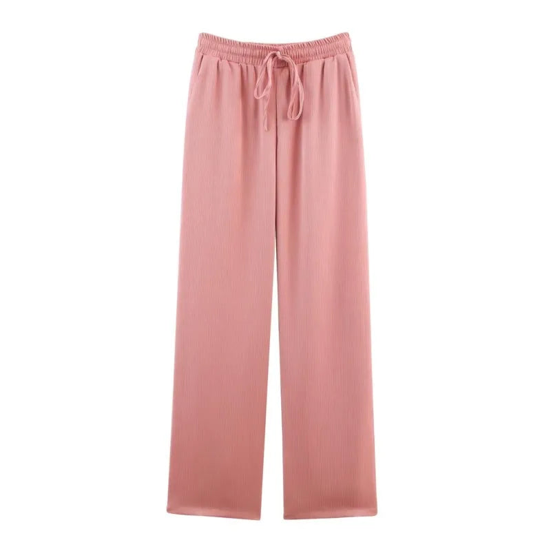 Women High Waist Pants Set Spring 2 Piece Double-Breasted Satin Blazers Two Piece Lace Up Creased-Effect Trousers Women Outfit