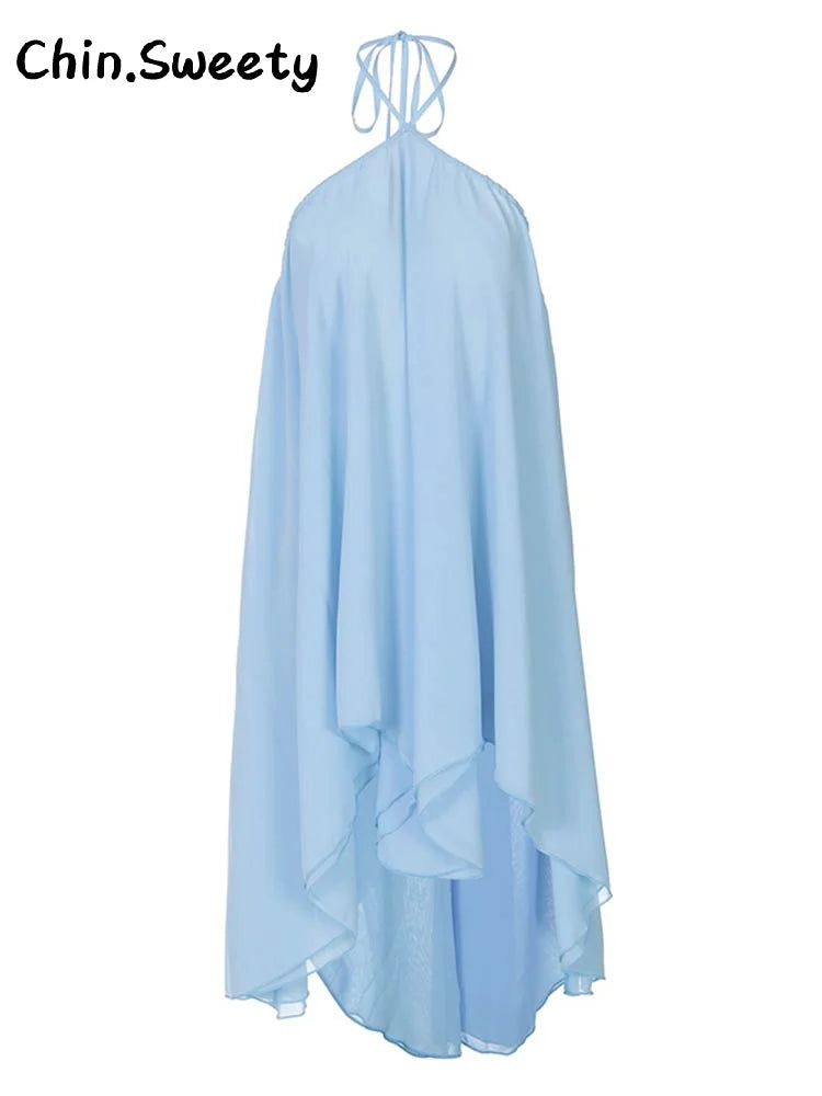 Elegant Halter Ruffles Short Dress Women Loose Solid Strapless Sleeveless Backless Dresses 2025 Summer Lady Beach Vacation Robes