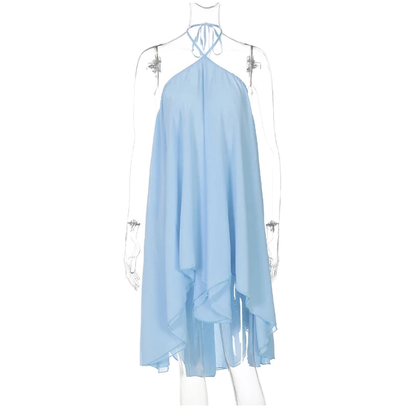 Elegant Halter Ruffles Short Dress Women Loose Solid Strapless Sleeveless Backless Dresses 2025 Summer Lady Beach Vacation Robes