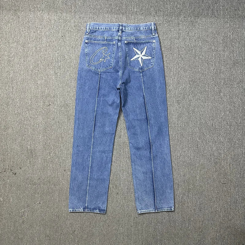 Y2K Men's Devil Island Star Embroidered High Street Jacket Vintage Denim Shorts Set, Couple Style Trendy Brand Set