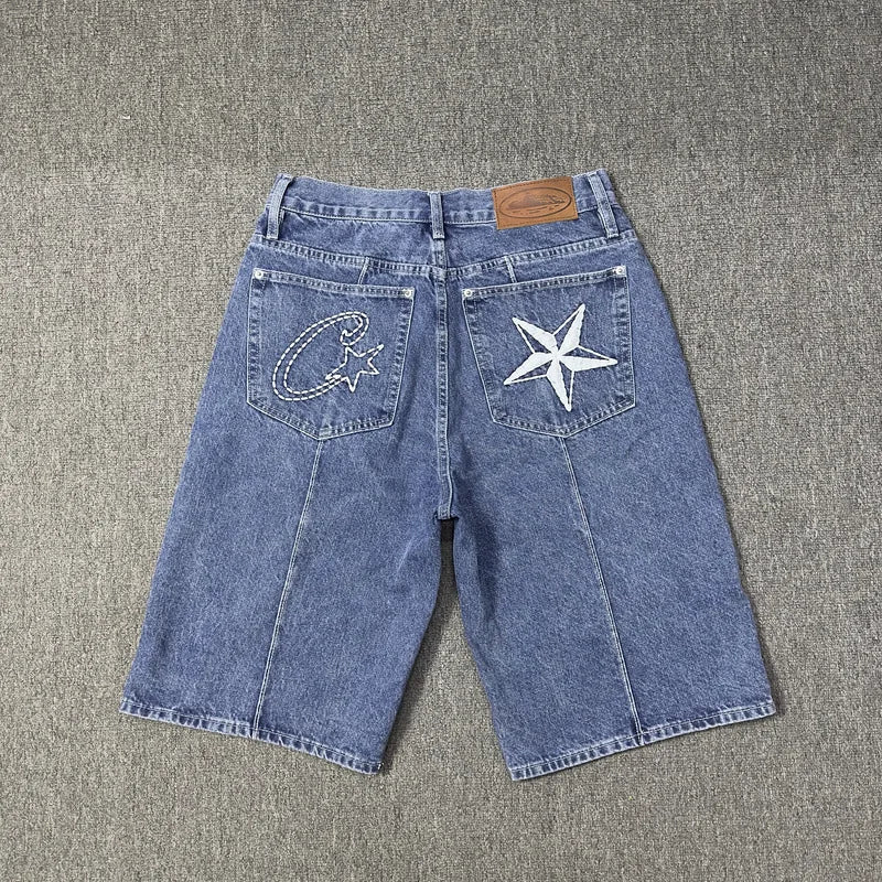 Y2K Men's Devil Island Star Embroidered High Street Jacket Vintage Denim Shorts Set, Couple Style Trendy Brand Set