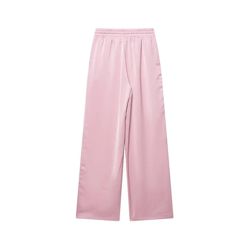 Women High Waist Pants Set Spring 2 Piece Double-Breasted Satin Blazers Two Piece Lace Up Creased-Effect Trousers Women Outfit