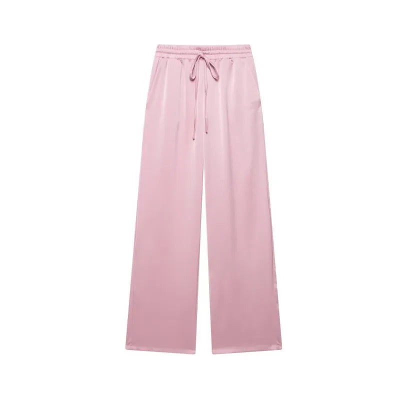 Women High Waist Pants Set Spring 2 Piece Double-Breasted Satin Blazers Two Piece Lace Up Creased-Effect Trousers Women Outfit
