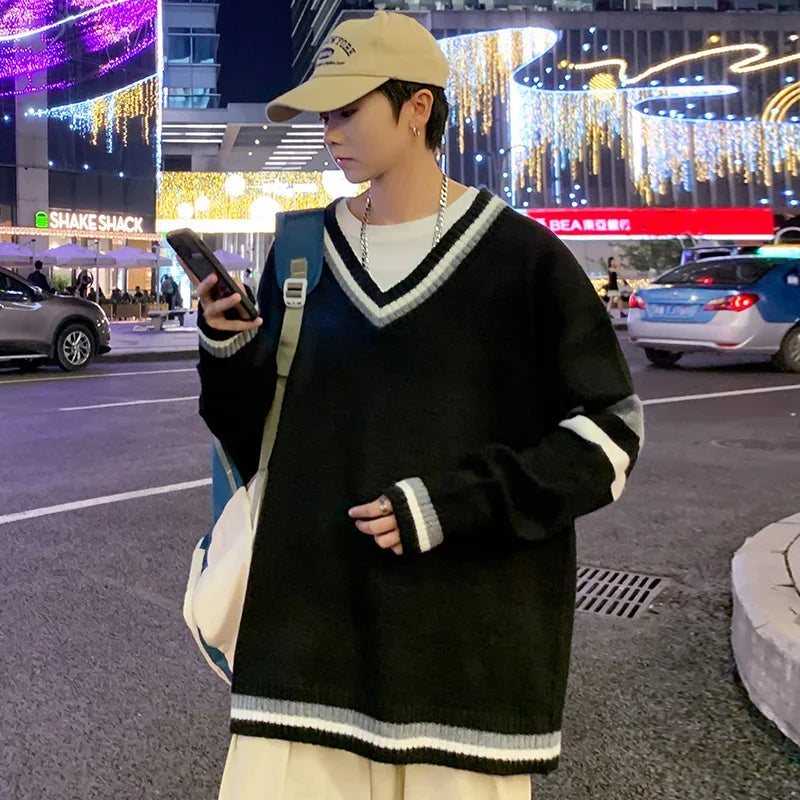 Autumn Winter New Men's Korean Loose Knitted V-neck Casual Sweater Outdoor Fashion Trend Comfortable Breathable Hoodie