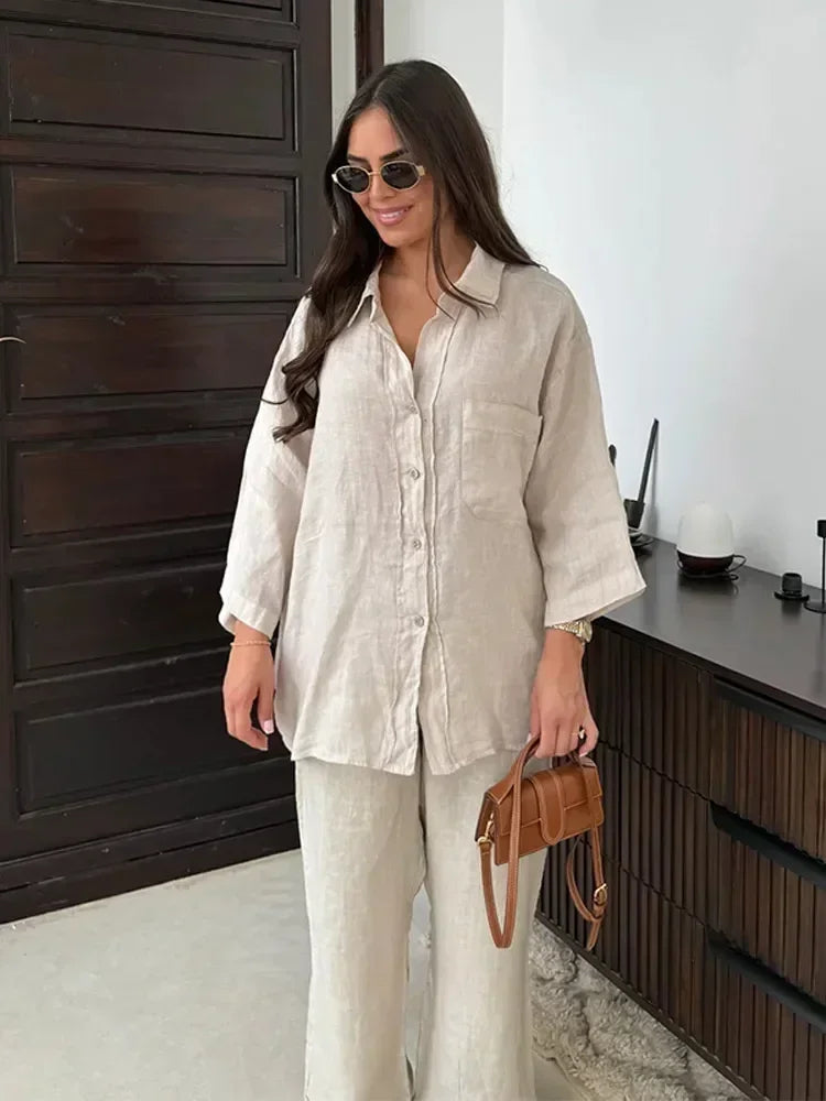 Women Vintage Solid Loose Pants Suit Lapel Single Breasted Long Sleeve Shirt Wide Leg Pants 2 Pcs Set 2024 New Ladies Streetwear