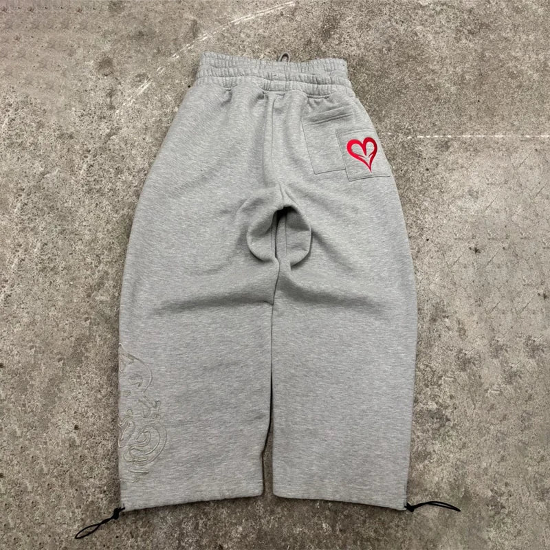 Y2K Double Waist Jogging Pants Poker Embroidery Pattern Sagging Pants Men Women Goth Hip Hop Streetwear Unisex Baggy Sweatpants