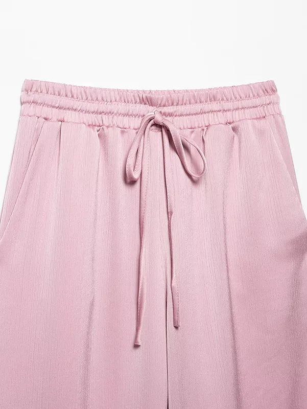 Women High Waist Pants Set Spring 2 Piece Double-Breasted Satin Blazers Two Piece Lace Up Creased-Effect Trousers Women Outfit