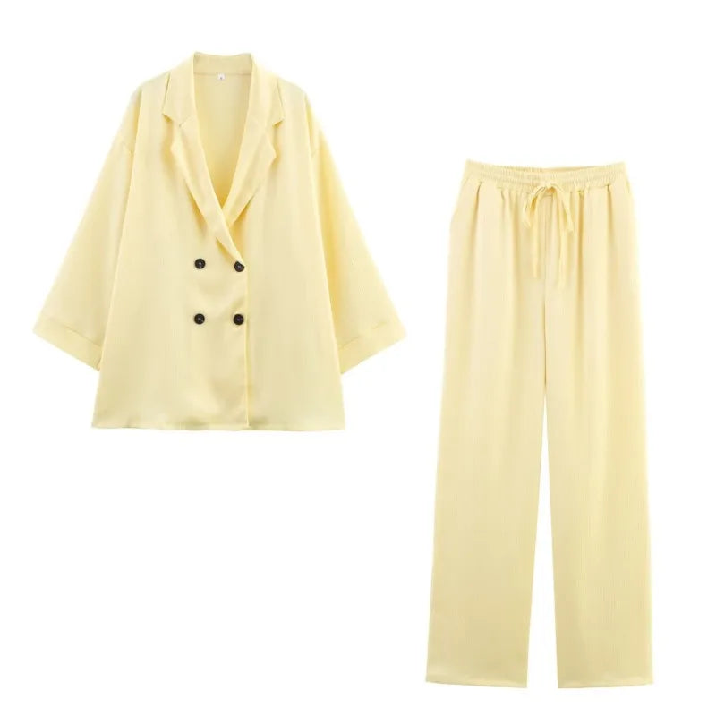 Women High Waist Pants Set Spring 2 Piece Double-Breasted Satin Blazers Two Piece Lace Up Creased-Effect Trousers Women Outfit