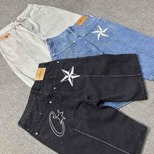 Y2K Men's Devil Island Star Embroidered High Street Jacket Vintage Denim Shorts Set, Couple Style Trendy Brand Set