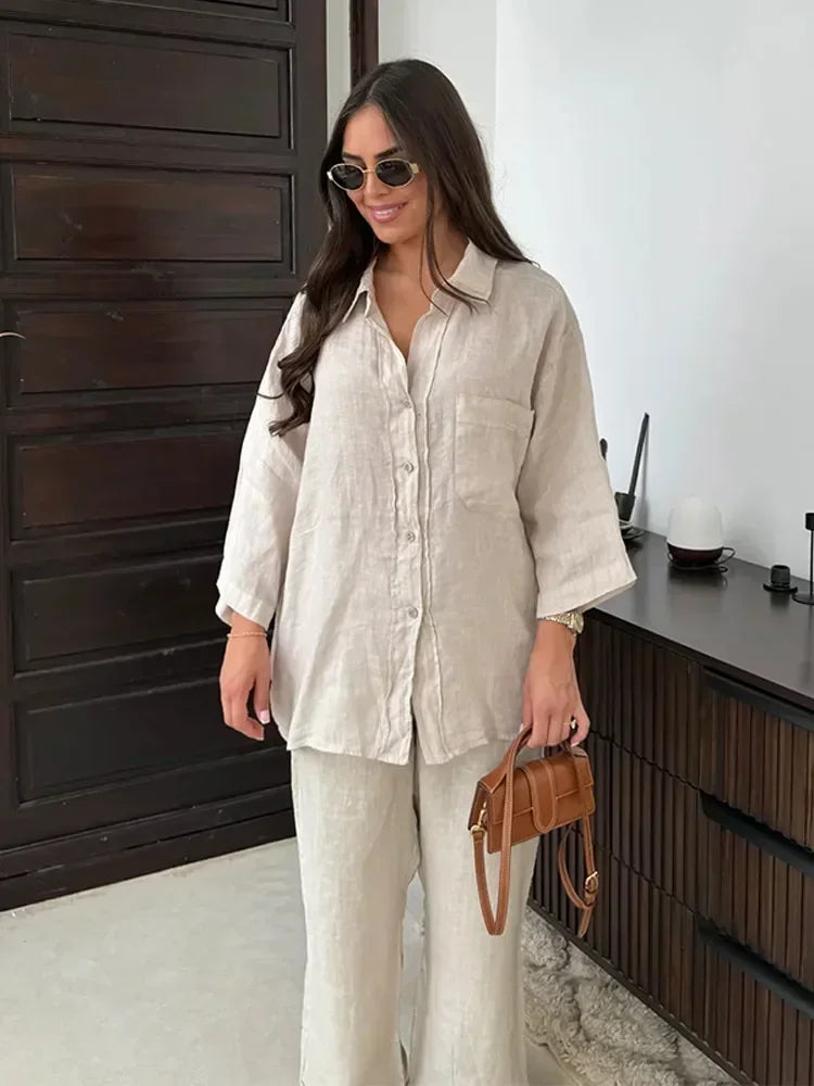 Women Vintage Solid Loose Pants Suit Lapel Single Breasted Long Sleeve Shirt Wide Leg Pants 2 Pcs Set 2024 New Ladies Streetwear