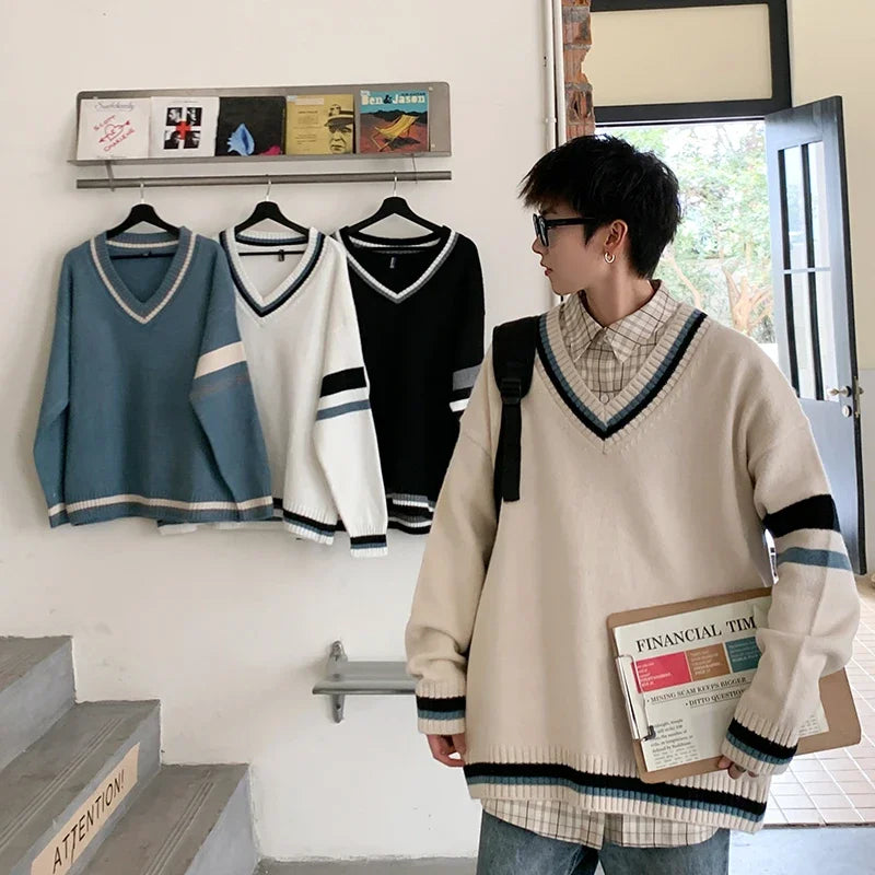 Autumn Winter New Men's Korean Loose Knitted V-neck Casual Sweater Outdoor Fashion Trend Comfortable Breathable Hoodie