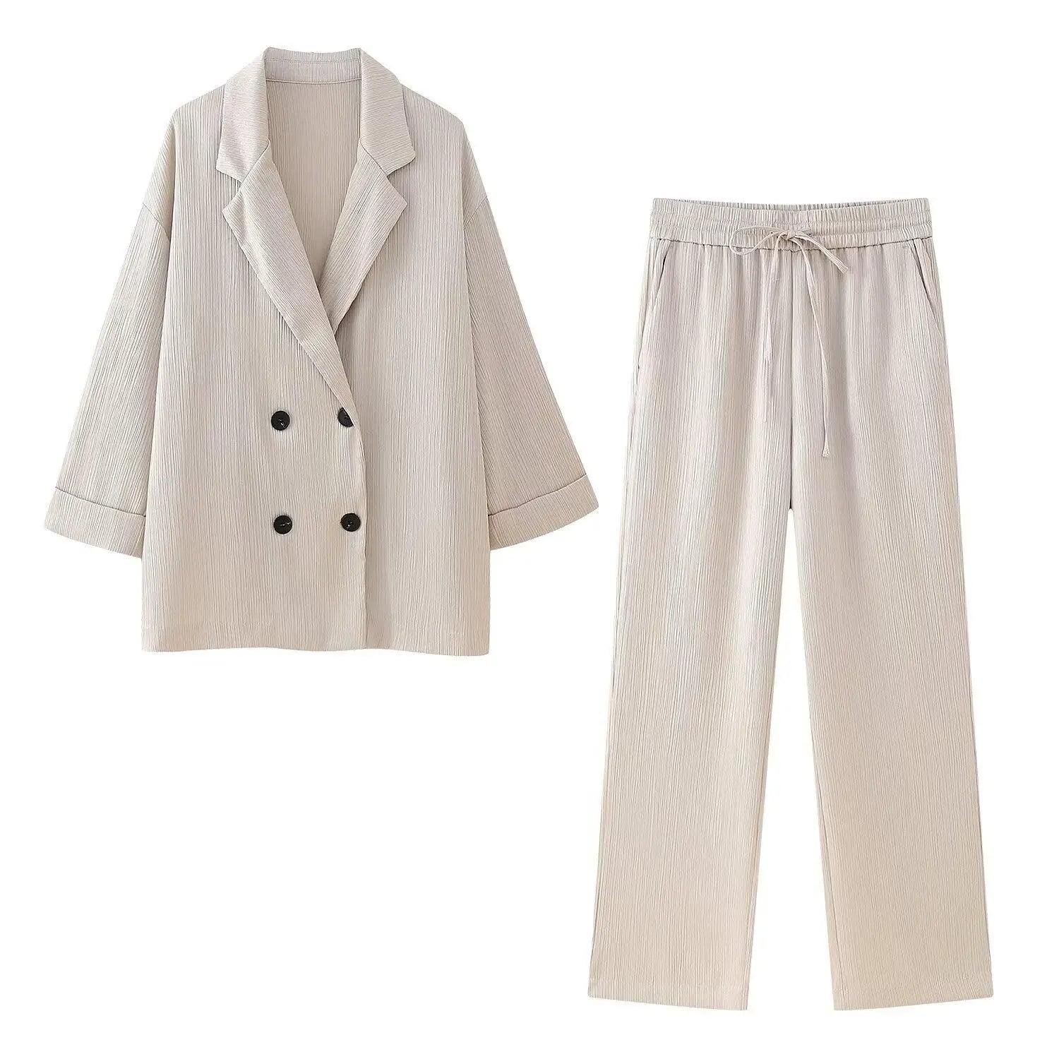 Women High Waist Pants Set Spring 2 Piece Double-Breasted Satin Blazers Two Piece Lace Up Creased-Effect Trousers Women Outfit