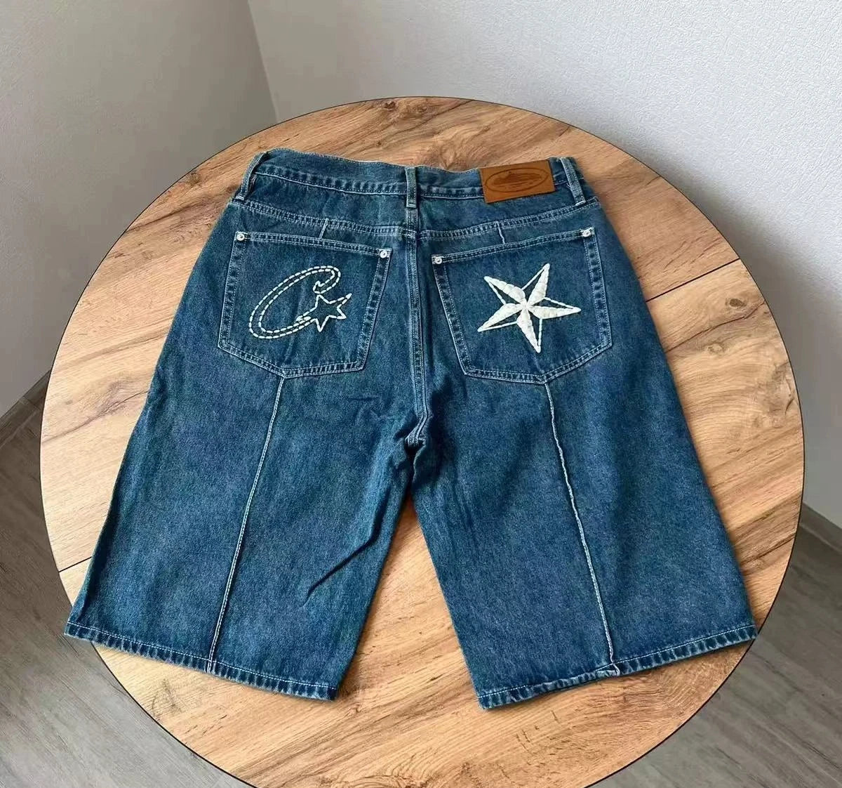 Y2K Men's Devil Island Star Embroidered High Street Jacket Vintage Denim Shorts Set, Couple Style Trendy Brand Set