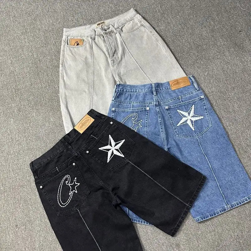 Y2K Men's Devil Island Star Embroidered High Street Jacket Vintage Denim Shorts Set, Couple Style Trendy Brand Set