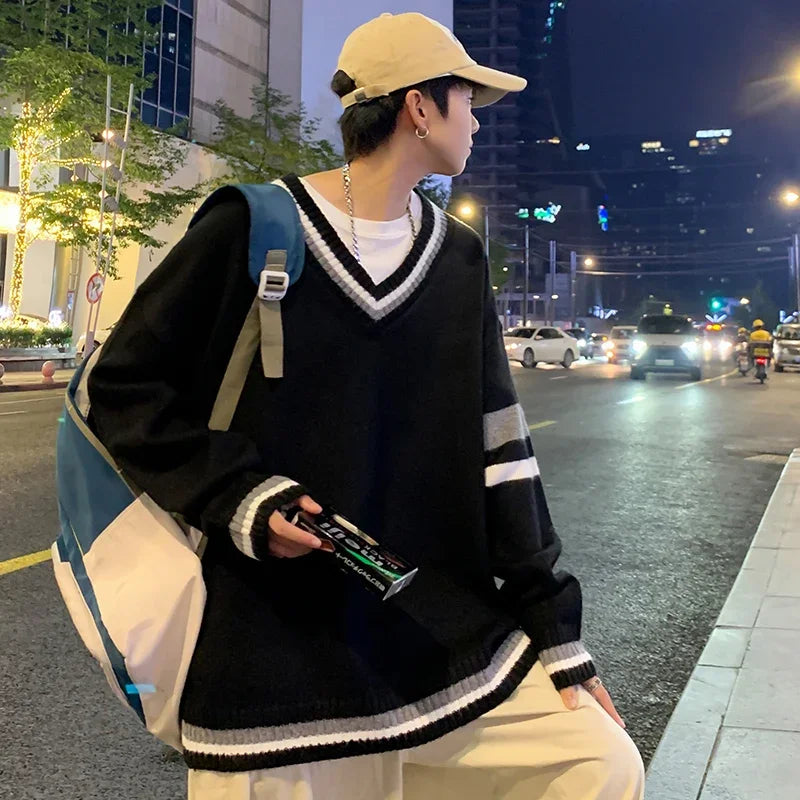 Autumn Winter New Men's Korean Loose Knitted V-neck Casual Sweater Outdoor Fashion Trend Comfortable Breathable Hoodie