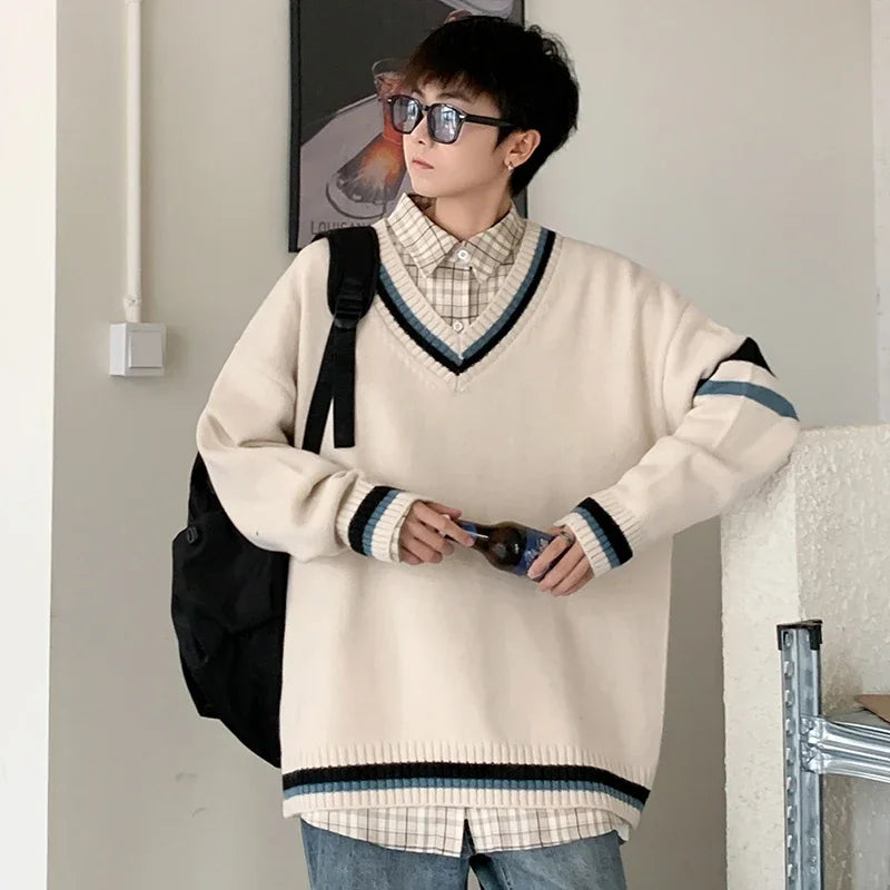 Autumn Winter New Men's Korean Loose Knitted V-neck Casual Sweater Outdoor Fashion Trend Comfortable Breathable Hoodie