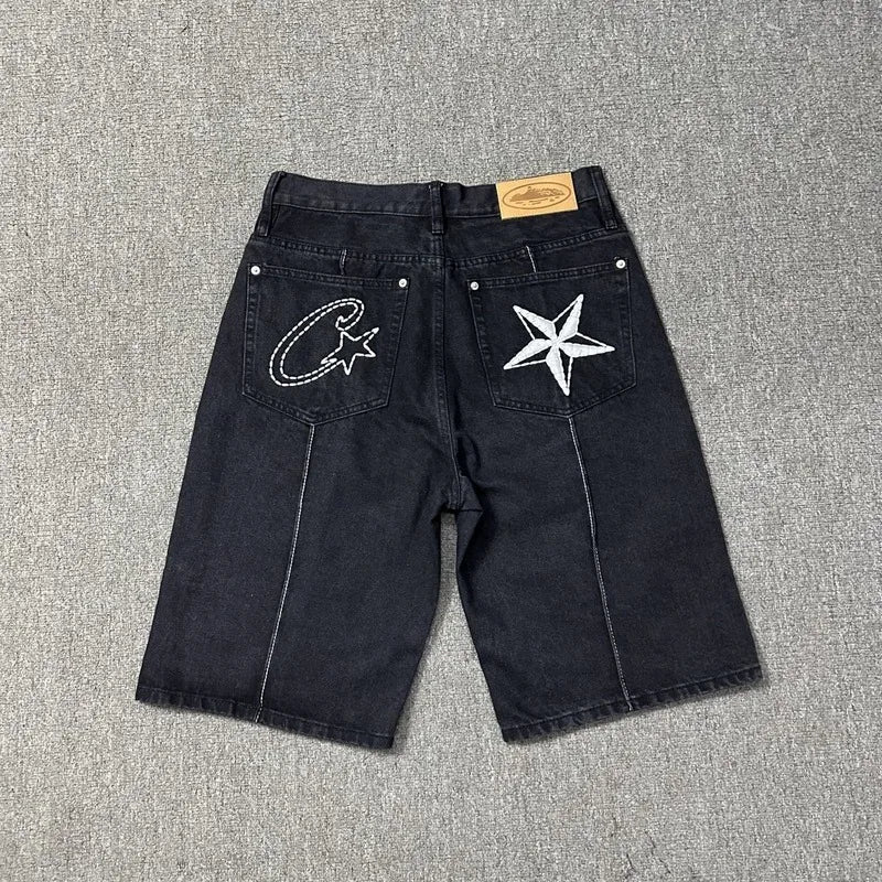 Y2K Men's Devil Island Star Embroidered High Street Jacket Vintage Denim Shorts Set, Couple Style Trendy Brand Set