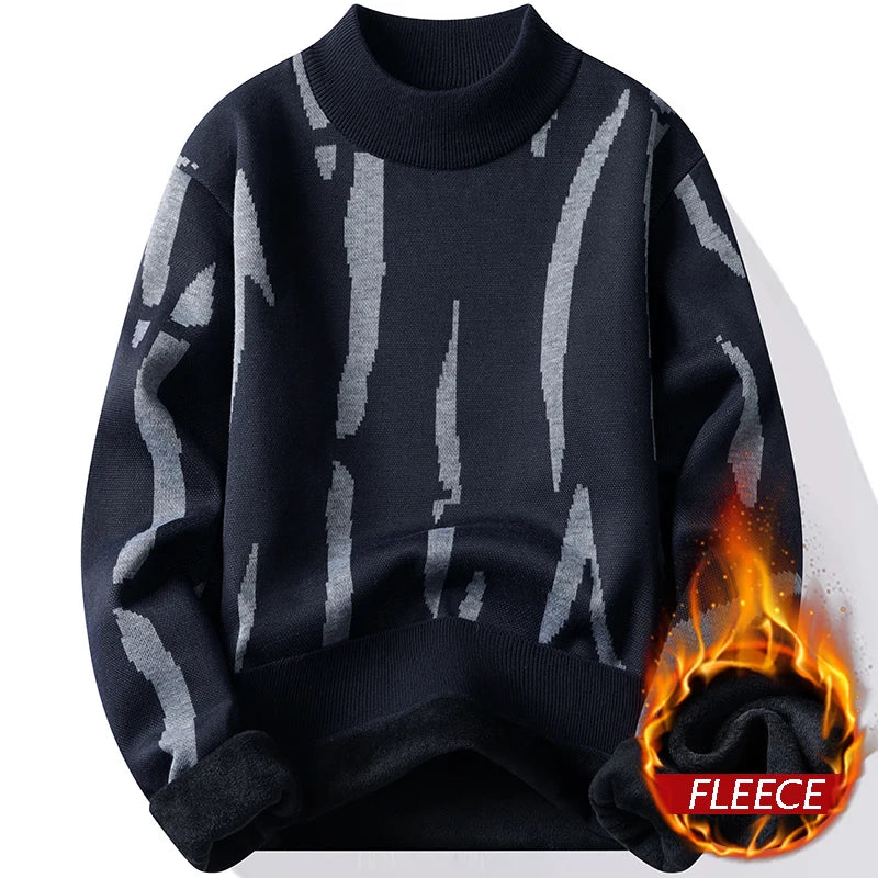 New Mens Sweater Fashion Knitted Fleece Lined Pullover Men's Autumn Winter Clothes Elegant Luxury Brand Fashion Knitted Sweaters