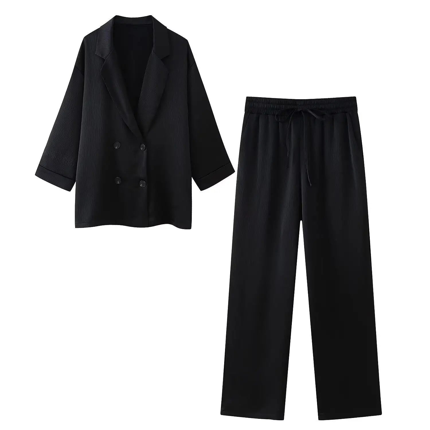 Women High Waist Pants Set Spring 2 Piece Double-Breasted Satin Blazers Two Piece Lace Up Creased-Effect Trousers Women Outfit