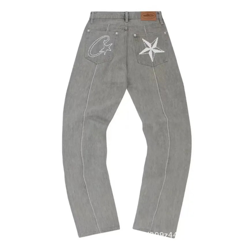 Y2K Men's Devil Island Star Embroidered High Street Jacket Vintage Denim Shorts Set, Couple Style Trendy Brand Set