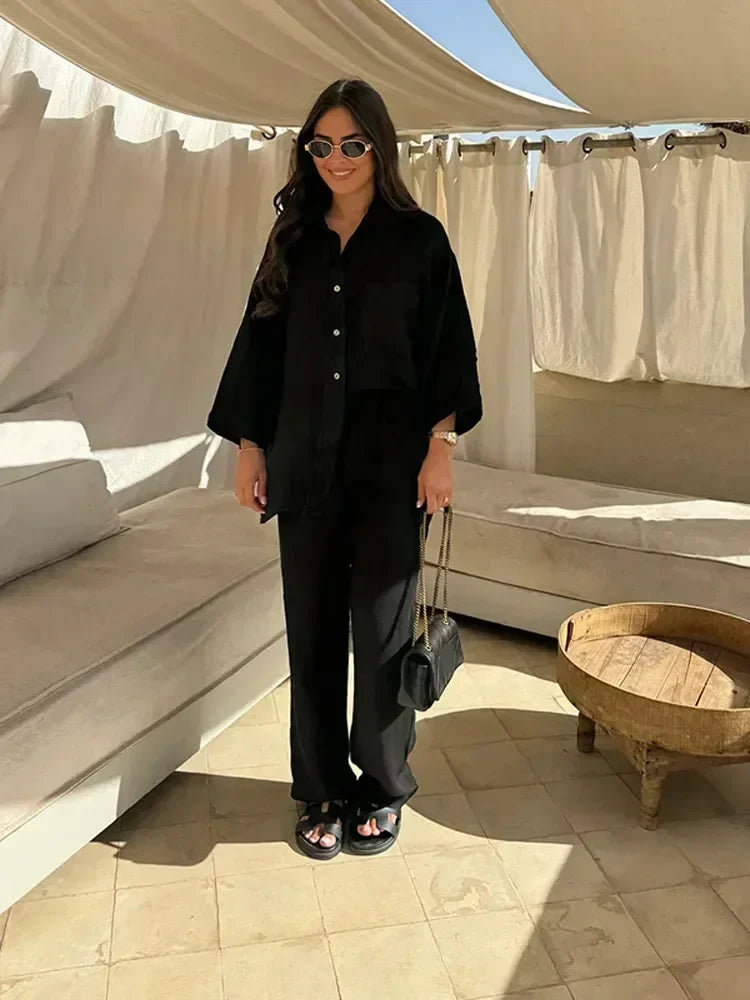 Women Vintage Solid Loose Pants Suit Lapel Single Breasted Long Sleeve Shirt Wide Leg Pants 2 Pcs Set 2024 New Ladies Streetwear