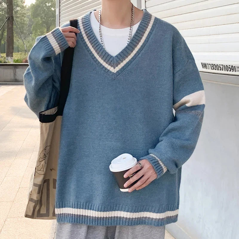 Autumn Winter New Men's Korean Loose Knitted V-neck Casual Sweater Outdoor Fashion Trend Comfortable Breathable Hoodie